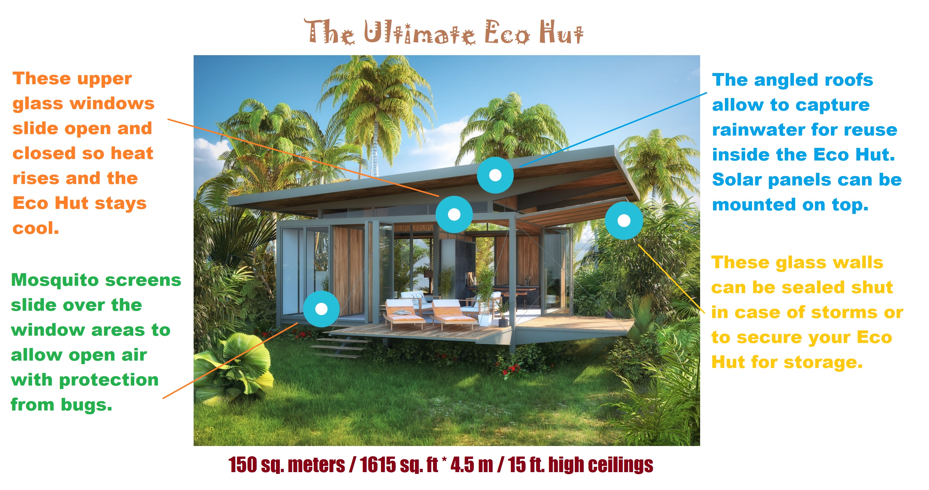 The Eco Hut features several features to make sustainable living in the tropics possible.